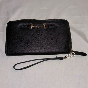 Round Zipper Long Wallet Horsebit Faux Leather Black